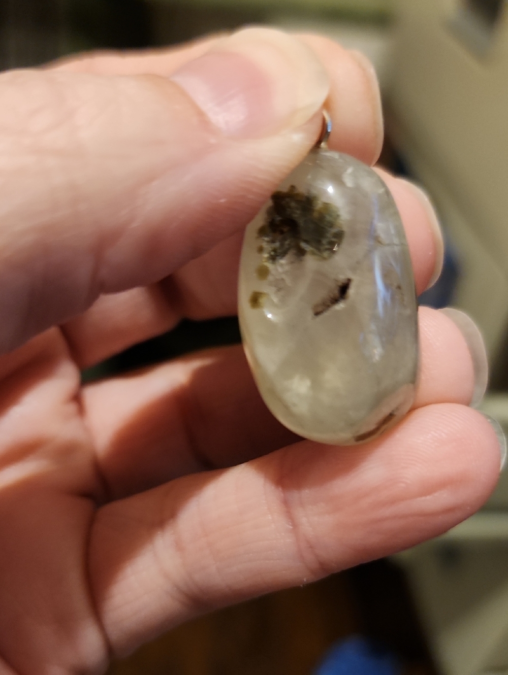 Tumbled Pale Green Prehnite with Tourmaline and Small Epidot Inclusions Pendant - Picture 1 of 7